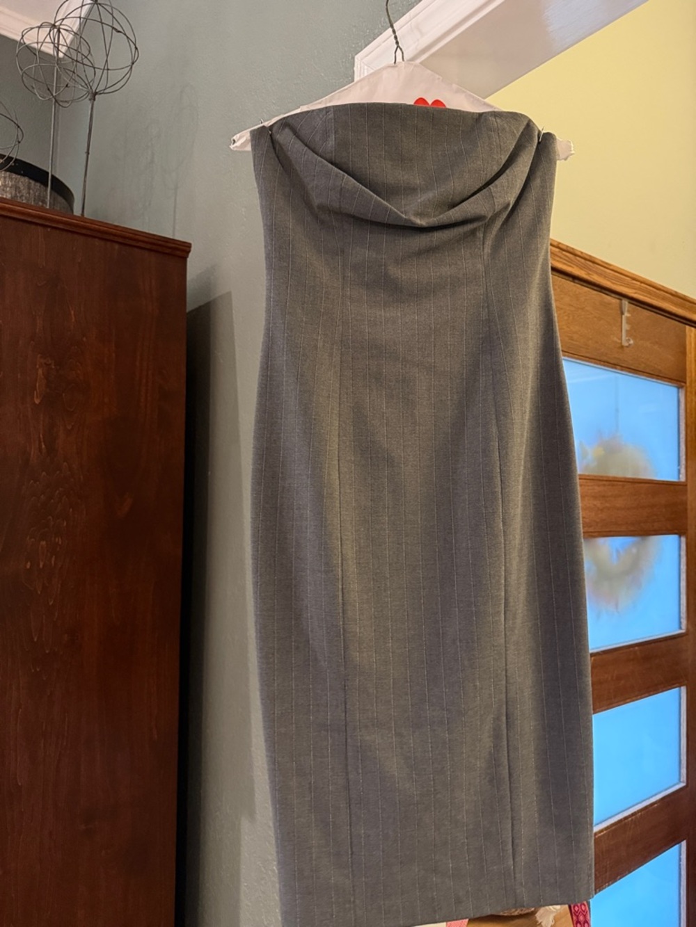 Express Gray Pinstripe Strapless Dress